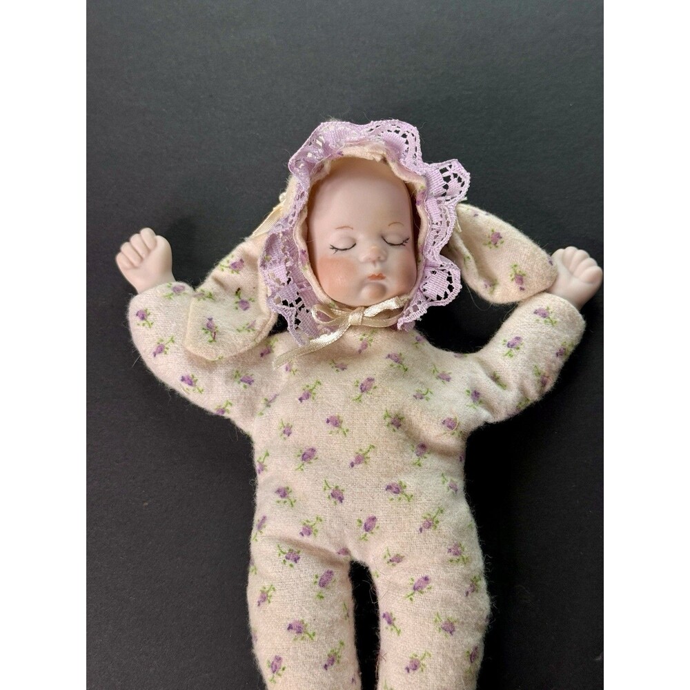 porcelain doll bunny hat beanbag body flannel pajamas 7” tall cute precious baby